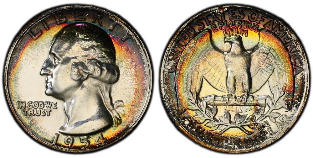 1954 Washington Quarter grading strip showing four condition tiers from worn (Good) through gem uncirculated side by side