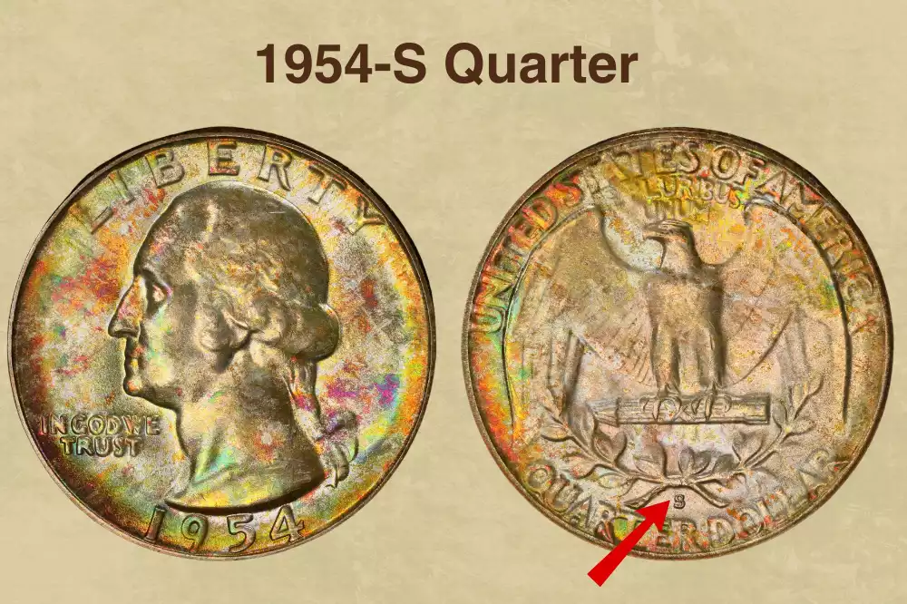 Side-by-side comparison of normal 1954-S mint mark versus 1954-S RPM-001 repunched mint mark showing the secondary S displaced to the north