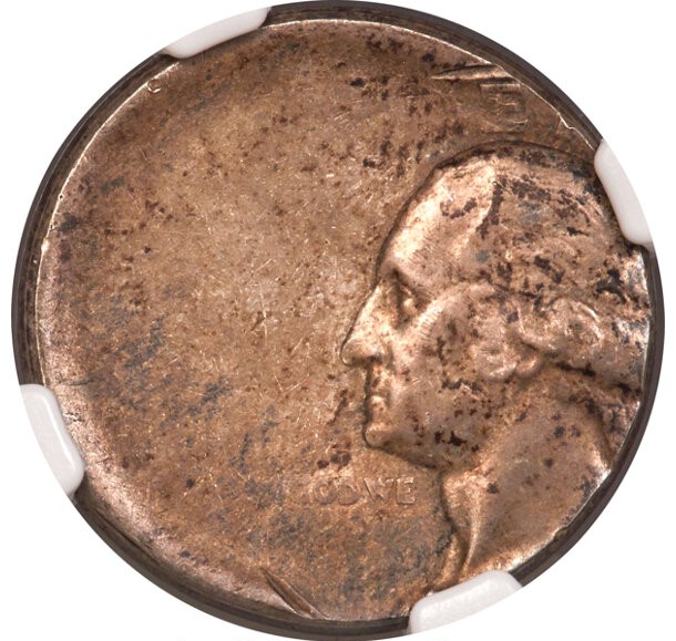 1954 quarter off-center strike error with design shifted dramatically to one side and crescent of blank planchet visible