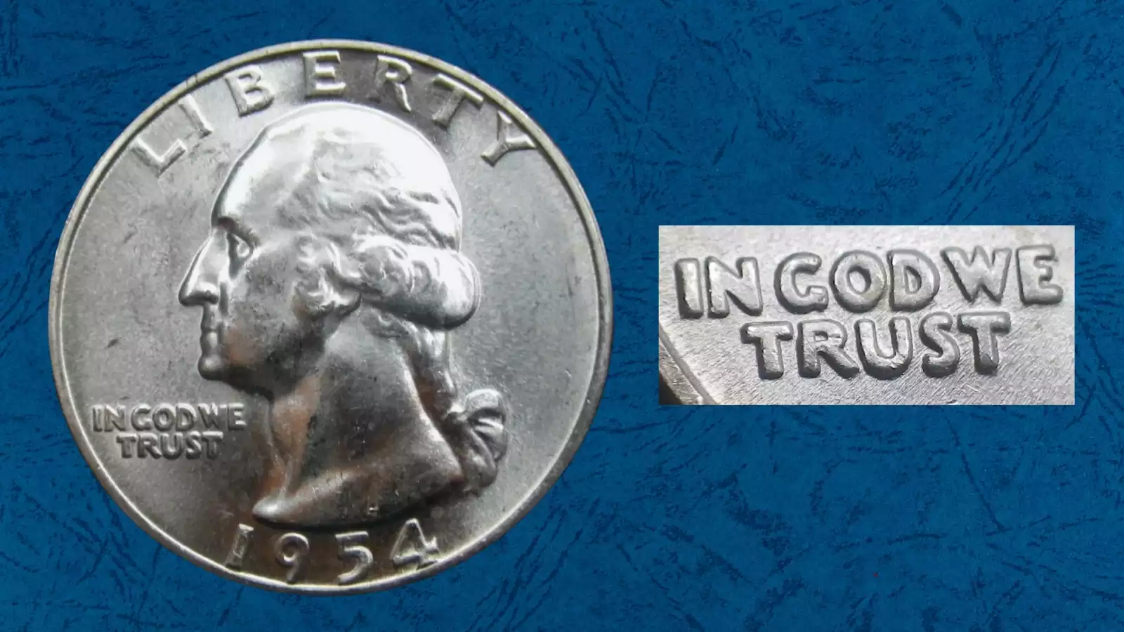 1954 quarter doubled die obverse error showing shelf-like secondary image on LIBERTY inscription under magnification